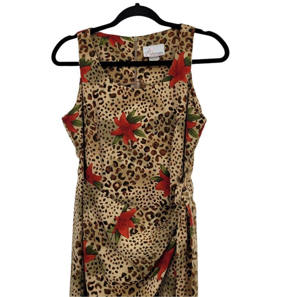 Vintage Tan Leopard Red Lily Print Sleeveless Mock Side Tie Hostess Dress Sz M - Picture 5 of 14